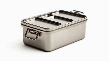 A sleek, stainless steel lunchbox with compartments, designed for easy meal storage and portability.