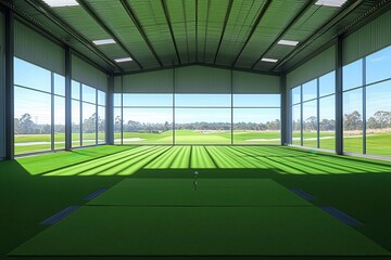 Spacious indoor golf practice facility featuring large windows that overlook a beautiful green landscape, ideal for training and enhancing golfing skills year-round