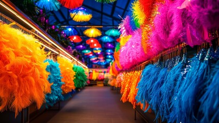 Colorful Carnival Costumes in a Vibrant Store Filled with Feathered Accessories and Decorations