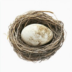 a simple bird's nest crafted from twigs, holding a single speckled egg, exuding natural elegance and rustic charm.
