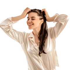 Fototapeta premium A beautiful smart woman making her hair before sleep with a mirror
