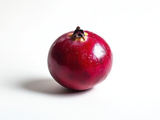 Single red pomegranate on white background, healthy food photography for recipe websites