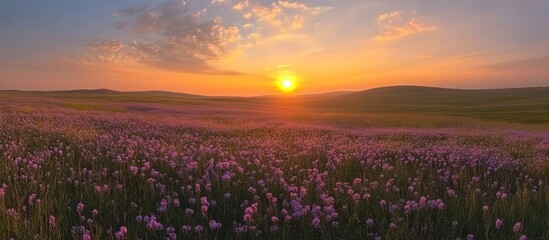 Sunset over blooming field, hills, nature