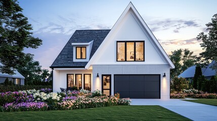 A white triangular-roofed house with light gray concrete cladding, black windows, and a deep charcoal garage door