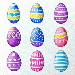 a watercolor illustration of a collection of speckled eggs in diverse colors and patterns, arranged on a clean white background.