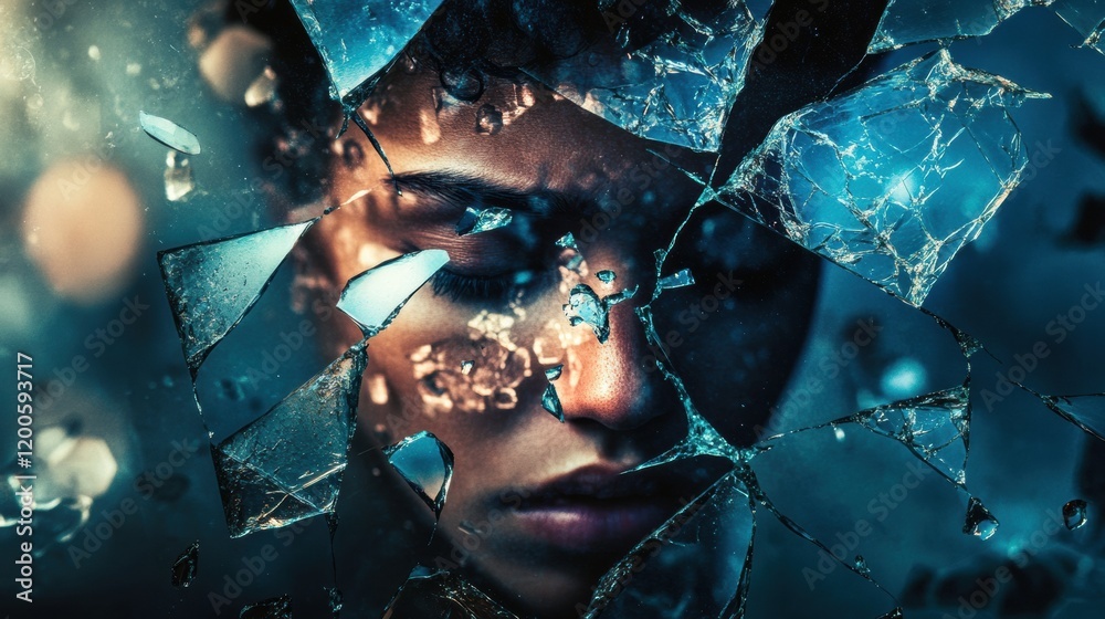 Aufkleber Shattered reflections of a persons face in broken glass capturing fragmented beauty and emotion in a dimly lit space. Generative AI