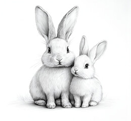 Fototapeta premium black and white drawing of two bunnies on white background