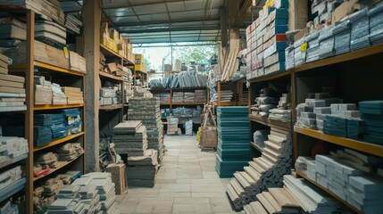 Aisle of a cluttered warehouse, stocked with various materials and boxes