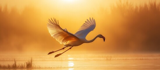 Fototapeta premium Flamingo Sunrise Flight, Misty Marsh