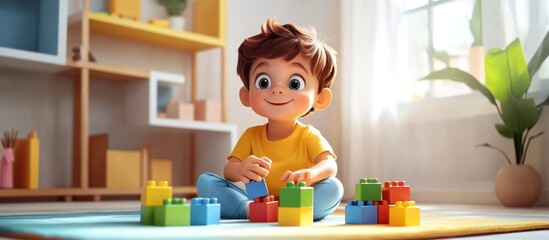 Boy plays blocks in bright room
