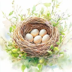 Obraz premium rustic bird's nest with speckled eggs, adorned with fresh daisies and lush green leaves, creating a charming natural composition.