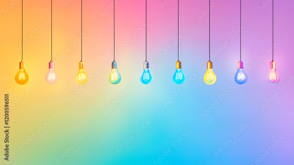 Poster colorful light bulbs hang against a vibrant rainbow background creating an artistic visual display