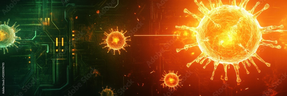Poster strong glowing wall creates protective barrier against harmful viruses during advanced technology de