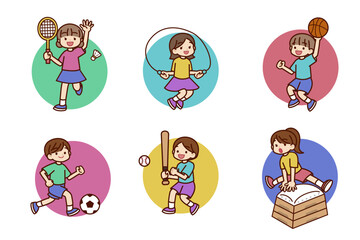 運動会やサッカーをする子供のイラストセット
