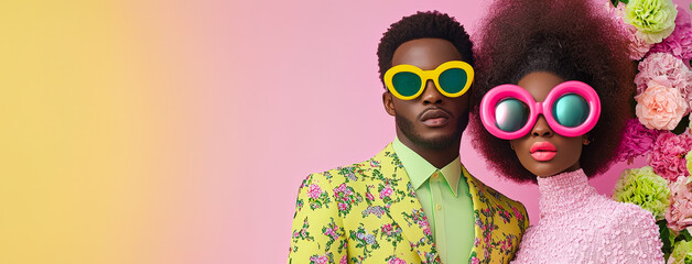 Stylish couple poses in vibrant fashion against a colorful floral backdrop during a bright day