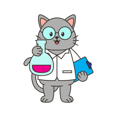 Chemistry Lab Animal Mascot Cat Holding Flask & Clipboard