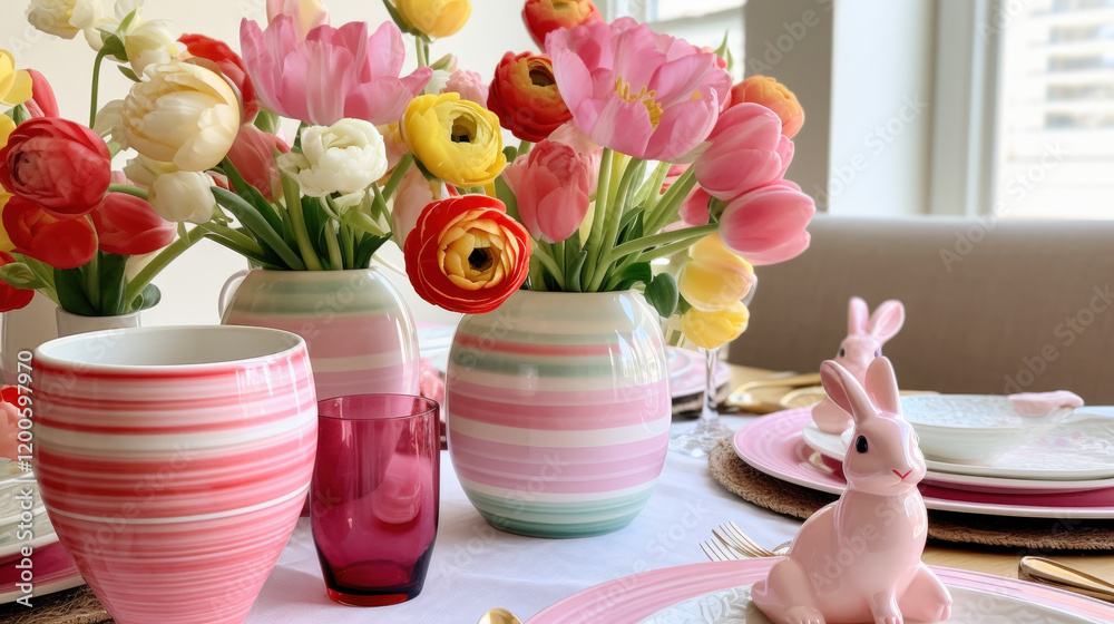 Poster spring table setting with vibrant flowers and playful decorations for a festive gathering