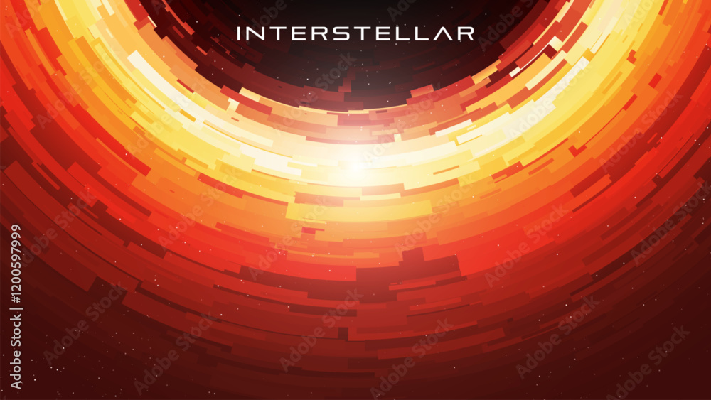 Poster Abstract digital black hole surrounded by glowing concentric pixelated dynamic layers of light and energy forming accretion disk. Photon ring. Event horizon. Gravitational field. Vector illustration
