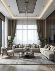 Fototapeta premium Modern Living Room Interior Design with Beige Sofa