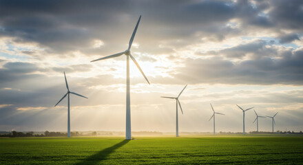 Green Energy Wind Turbines in Sunset Field