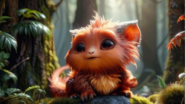 Whimsical animated creature with big eyes in lush forest, surrounded by soft light and vibrant greenery, embodies essence of fantasy and nature, evoking joy and wonder.