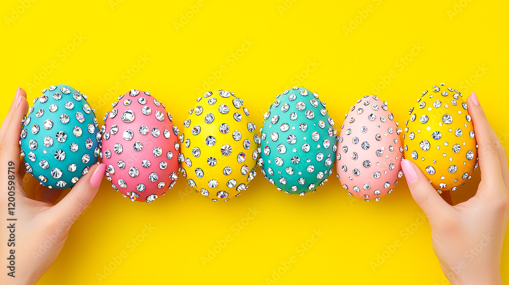 Poster colorful decorative easter eggs arranged in a line on a vibrant yellow background with hands holding