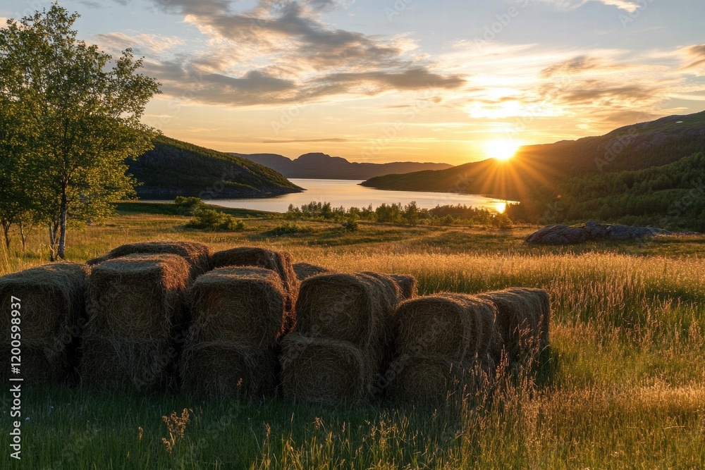 Poster sunset over a serene lake with hay bales in a lush green field surrounded by hills. generative ai