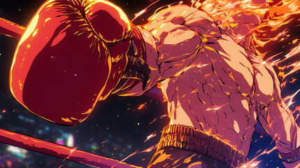 Dynamic boxing scene featuring a muscular fighter with fiery energy in a vibrant urban setting