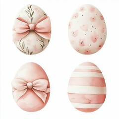 Fototapeta premium elegant pastel Easter eggs adorned with bows, floral patterns, and stripes, exuding sophistication and charm in a soft watercolor style.