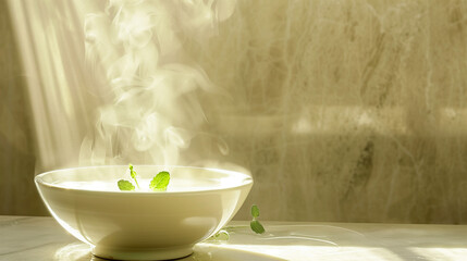 Serene Spa Scene with Eucalyptus-Infused Steam Rising from Warm Bowl, Soft Natural Light Highlighting Misty Atmosphere