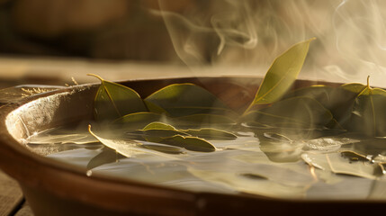 Tranquil Spa Scene with Eucalyptus-Infused Steam Rising from Warm Bowl, Soft Natural Light Mist Highlight, Relaxing Stock Photo Environment