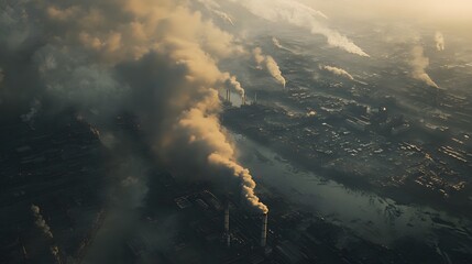 Fototapeta premium Aerial View of Industrial Pollution and Smoke Stacks