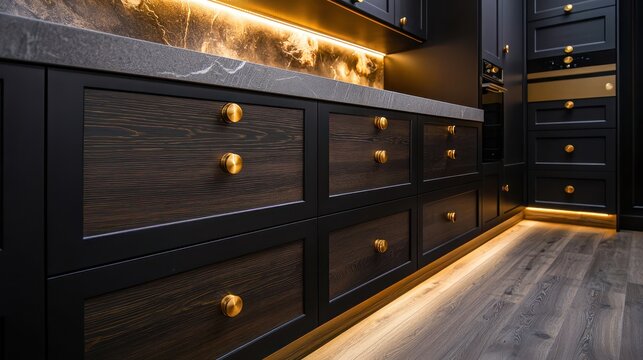 Dark brown wood cabinetry with matte black accents and polished brass knobs