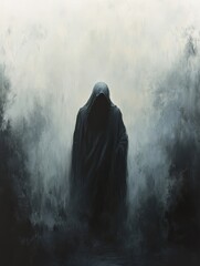 dark fantasy illustration of a ghostly creature in misty robes haunting a dungeon
