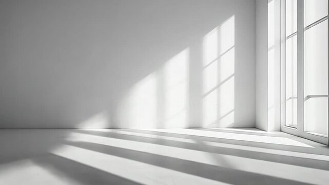 Bright empty room with sunlight streaming through large windows onto a clean white floor. Minimalistic interior design concept. High quality 4k footage