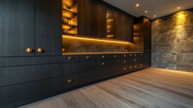 Dark brown wood cabinetry with matte black accents and polished brass knobs
