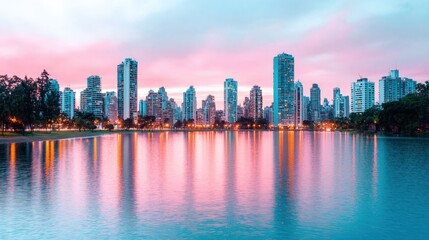 Fototapeta premium Passion and motivation excitement, A serene skyline reflects in the water, showcasing modern buildings against a pastel sunset.
