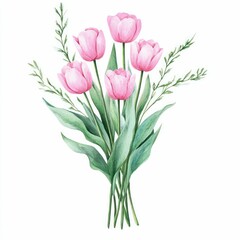 Fototapeta premium hand-painted vibrant tulips in watercolor, showcasing colorful blooms with lush greenery, evoking springtime beauty and artistic elegance in nature.