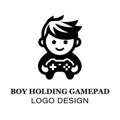 Minimalist Boy Holding Gamepad Logo Design for Gaming Brands, E-Sports Teams, and Video Game Enthusiasts Featuring Clean Black and White Style