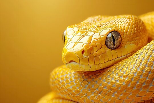 Stunning Close-Up of a Vibrant Yellow Python with Glossy Scales Against a Warm Golden Background Showcasing Nature's Beauty and Serpentine Elegance