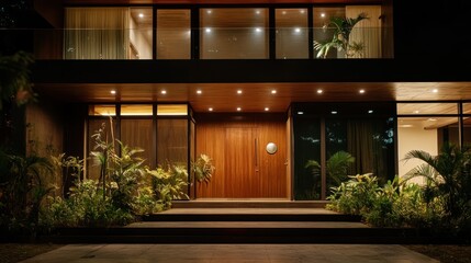 Illuminated Modern Home Entrance at Night
