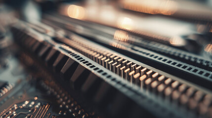 Intricate Semiconductor Chip on Sleek Metallic Surface with Blurred Factory Machinery, Symbolizing Global Chip Export Industry