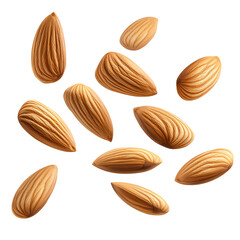 Delicious and nutritious almonds scattered on a white background