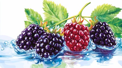 Juicy blackberries splashing in water.