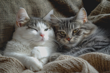Two cats relaxing together on a cozy blanket in a sunny room feline companionship soft textiles domestic pets comfort warmth playful kittens home environment cat lovers