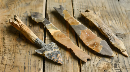 Ancient Stone Tools on Textured Wooden Surface, Craftsmanship Highlighted by Soft Natural Light