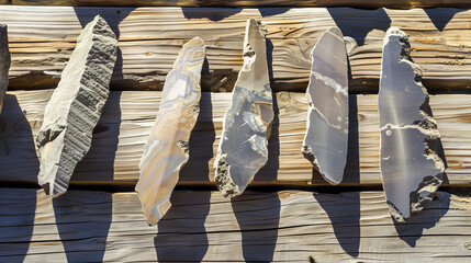 Ancient Craftsmanship: Intricate Stone Tools on Textured Wood Under Soft Natural Light.