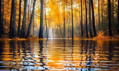 Flooded autumn forest with golden leaves reflecting in calm water.