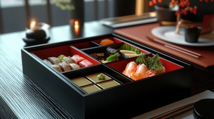Fototapeta premium Bento box close up on wooden table