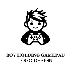 Minimalist Boy Holding Gamepad Logo Design for Gaming Brands, E-Sports Teams, and Video Game Enthusiasts Featuring Clean Black and White Style